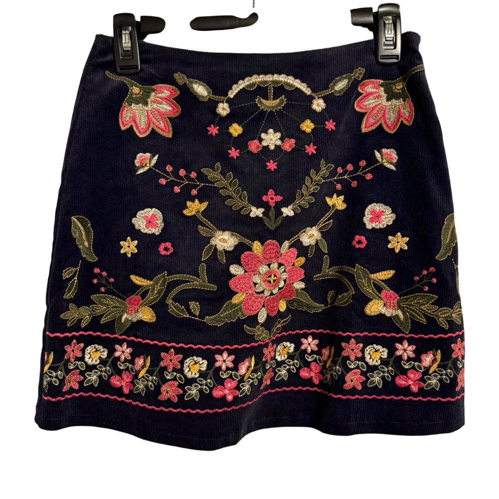 Harper Heritage Navy Corduroy Embroidered Floral A-Line Skirt Size S